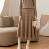 Womens Cashmere Knit Midi Skirt A-Line Pleated Cashmere Sweater Skirt Taupe XS
