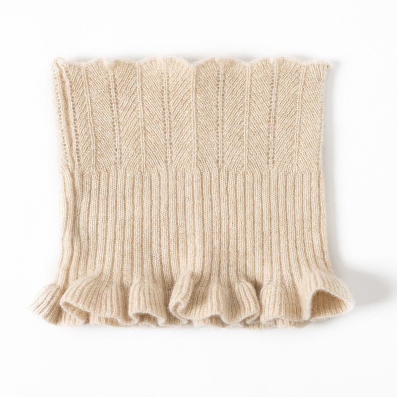 Womens Cashmere Neck Warmer Ribbed Knit Cashmere Snood with Ruffled Edge Beige M