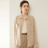 Womens Cashmere Shirt Cashmere Cardigan Button-Up Collared Sweater Camel XS