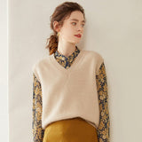 Womens Cashmere Sweater Vest Sleeveless Cashmere Knit Pullover Rib Hem Beige XS