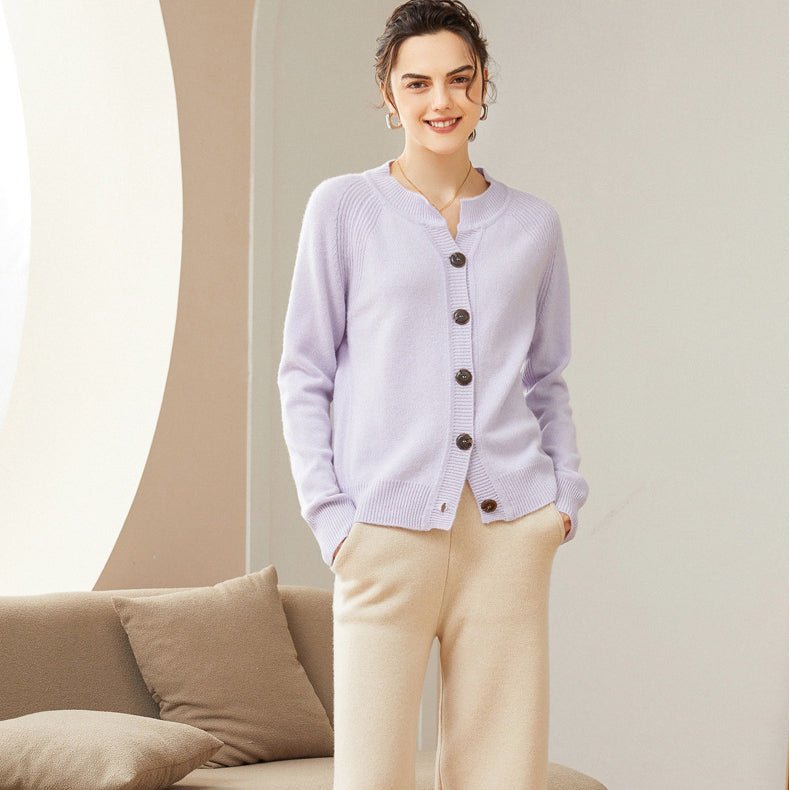 Womens Crew Neck Button - Up Cashmere Cardigan With Ribbed Trim