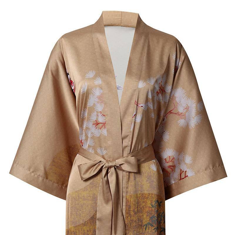 Women's Cranes Print Silk Kimono Robe Blossoms Silk Robe