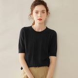 Womens Crew Neck Cashmere Sweater Short Sleeve Textured Cashmere Knit Top Black XS