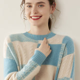 Womens Crew Neck Cashmere Sweater Warm Plaid Cashmere Knit Pullover