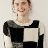 Womens Crew Neck Cashmere Sweater Warm Plaid Cashmere Knit Pullover