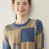 Womens Crew Neck Cashmere Sweater Warm Plaid Cashmere Knit Pullover