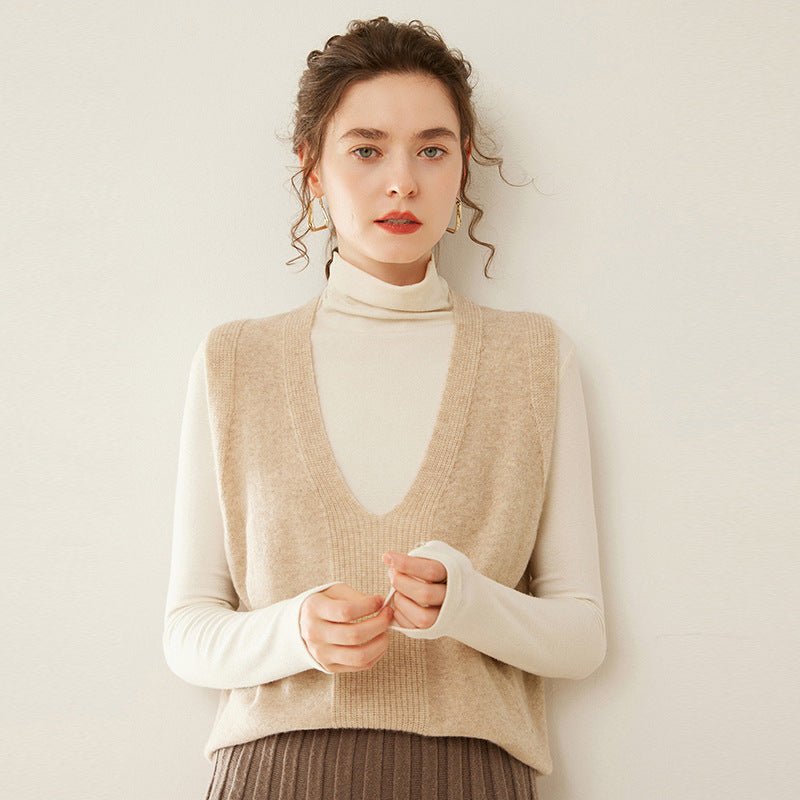 Womens Deep V Neck Cashmere Sweater Cashmere Vest Ribbed Trim Camel XS