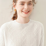 Womens Diamond Knit Cashmere Sweater Long Sleeve Crew Neck Cashmere Pullover Ivory XS