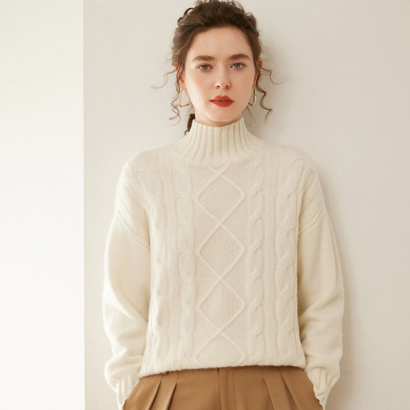 Womens Diamond Knit Cashmere Sweater Turtleneck Cashmere Pullover Ivory XS