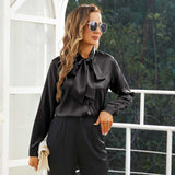 Womens Silk Blouse Long Sleeve Bow - tie Neck Silk Shirts