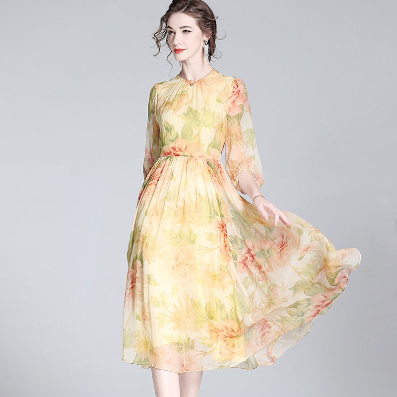 Womens Elegant Floral Silk Midi Dress with Sheer Sleeves Long Silk Dresses