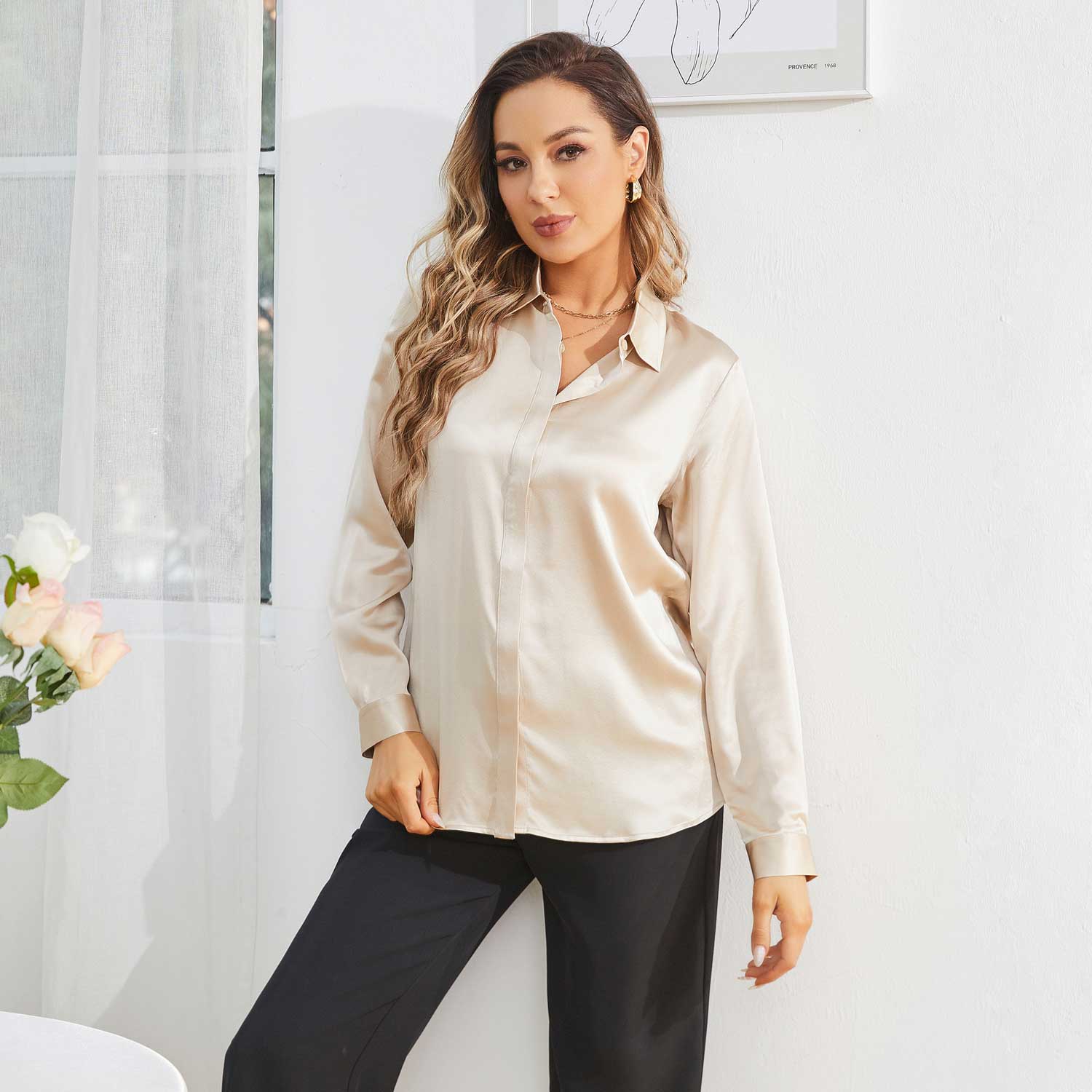 Women's Work Silk Shirts Hidden Placket Silk Blouse
