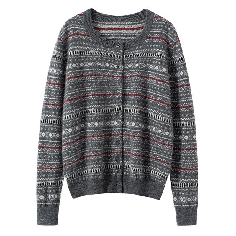 Womens Fair Isle Pure Cashmere Cardigan Crew Neck Button Up Cashmere Sweater Gray XS