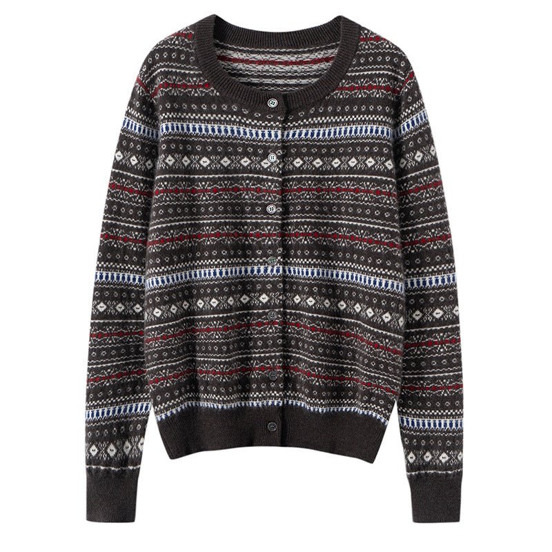Womens Fair Isle Pure Cashmere Cardigan Crew Neck Button Up Cashmere Sweater Brown XS