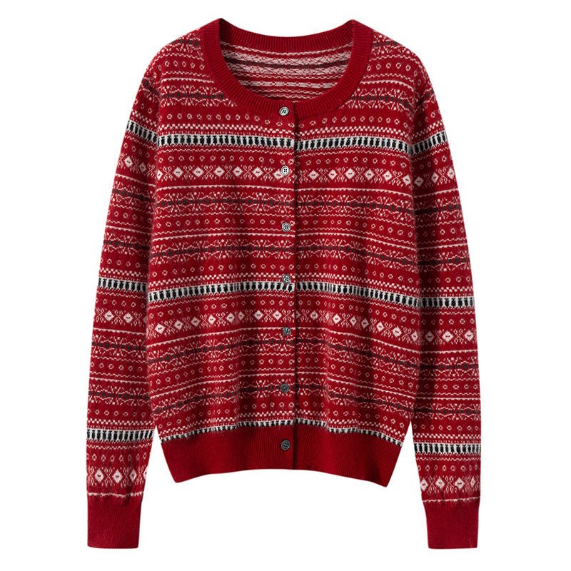 Womens Fair Isle Pure Cashmere Cardigan Crew Neck Button Up Cashmere Sweater Red XS