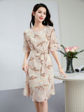 Womens Feather Print Silk Midi Dress with Waist Tie Short Sleeve Silk Floral Dress Pink XS