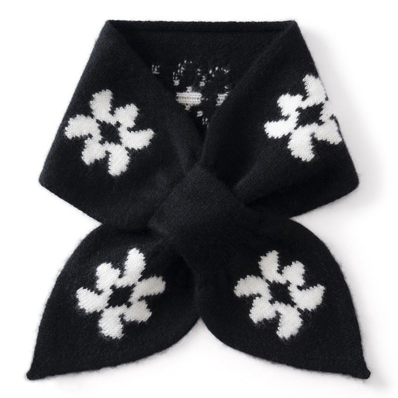 Womens Floral Knit Cashmere Scarf Bow Knot Cashmere Neck Warmer Black M