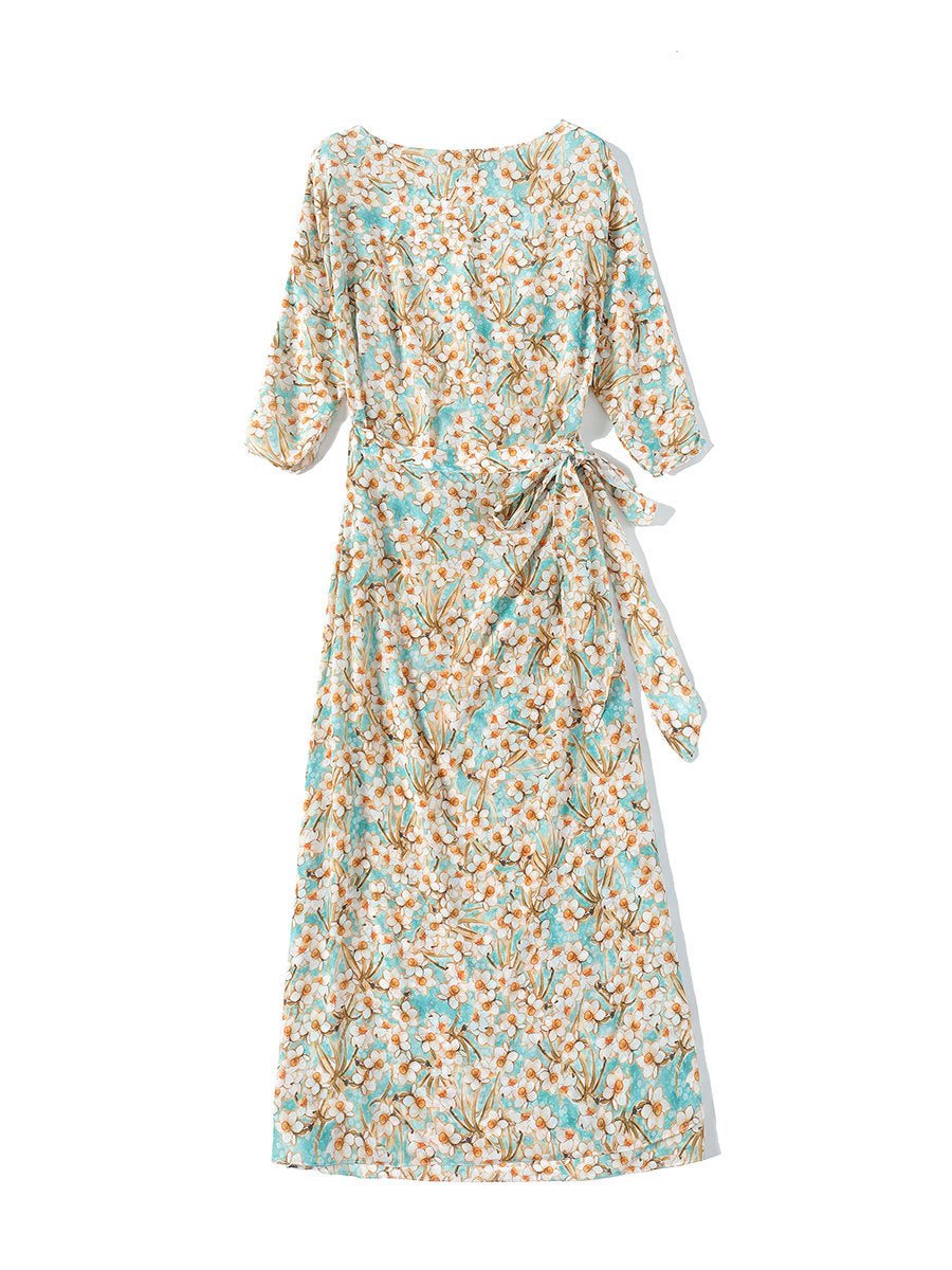 Womens Floral Silk Chiffon Midi Dress Boat Neck Flutter Sleeve Silk Dress