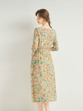 Womens Floral Silk Chiffon Midi Dress Boat Neck Flutter Sleeve Silk Dress