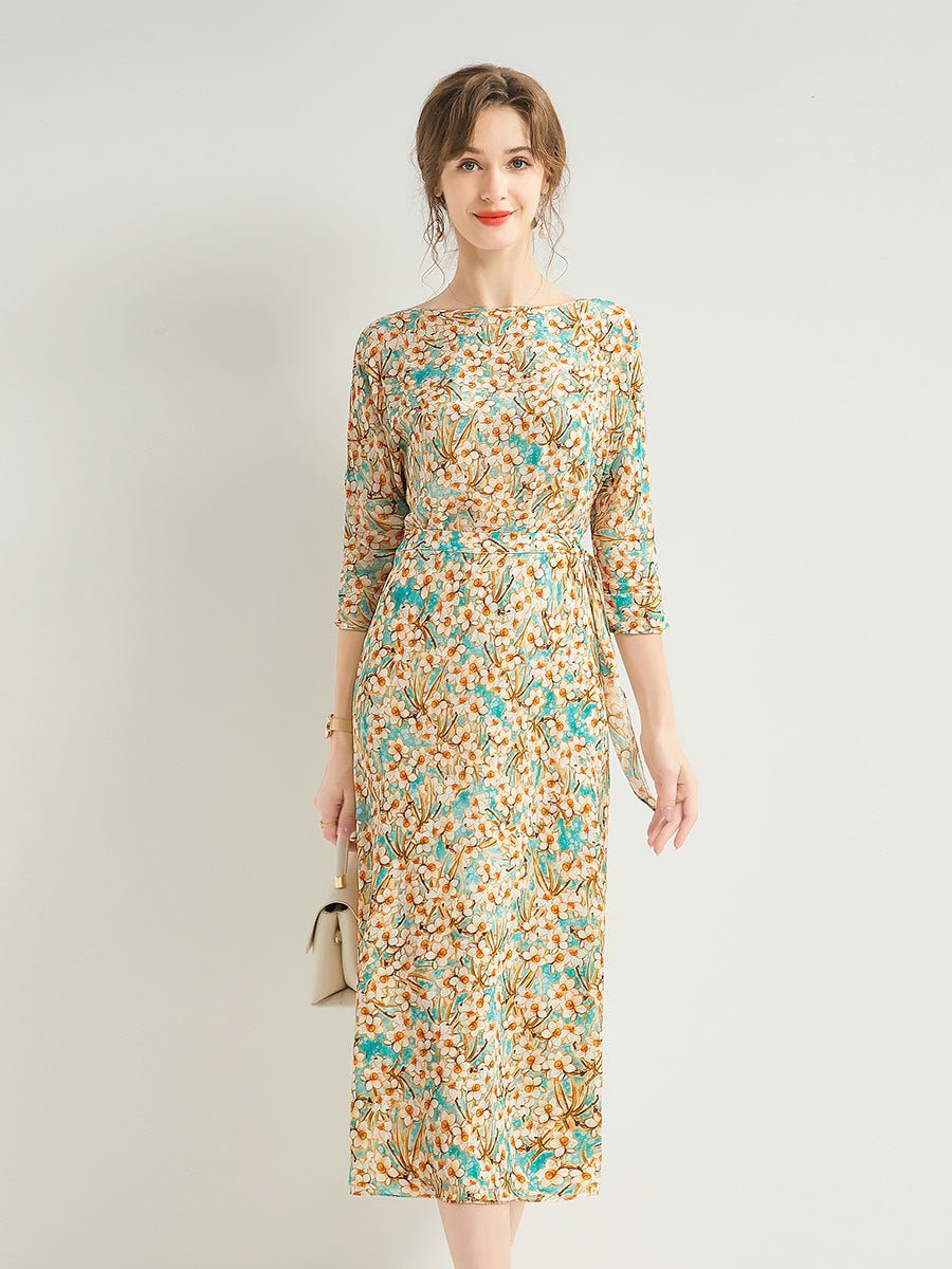 Womens Floral Silk Chiffon Midi Dress Boat Neck Flutter Sleeve Silk Dress
