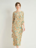 Womens Floral Silk Chiffon Midi Dress Boat Neck Flutter Sleeve Silk Dress