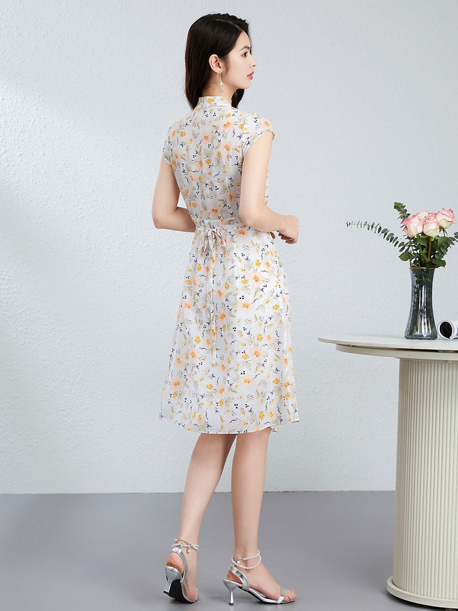 Womens Floral Silk Dress with Drawstring Waist Cap Sleeve Silk Midi Dress Ivory XS