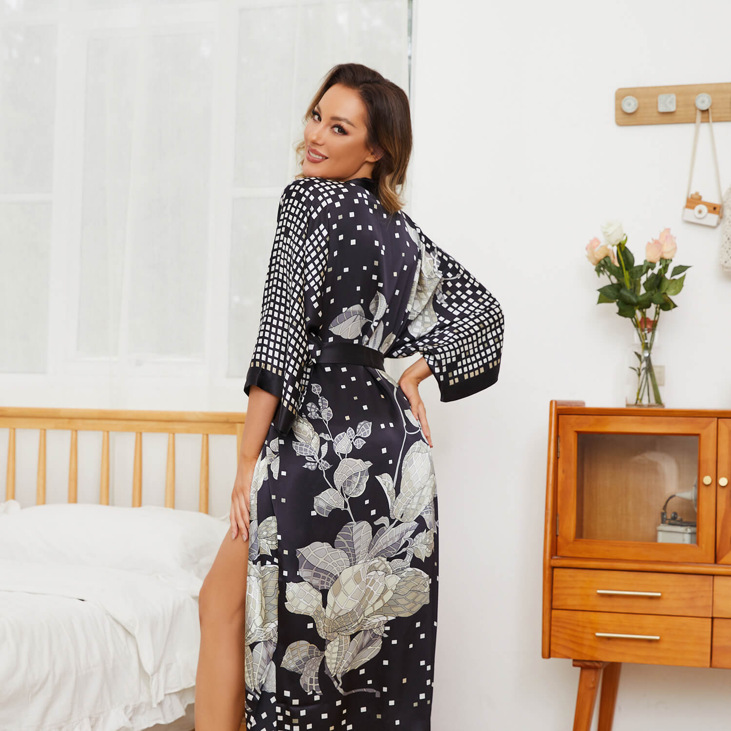 Womens Floral Print Silk Kimono Robe Pure Silk Dressing Gown
