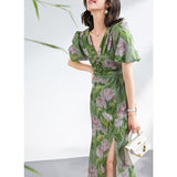 Womens Green Silk Floral Ruched Maxi Dress Slit Silk Dresses