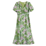 Womens Green Silk Floral Ruched Maxi Dress Slit Silk Dresses