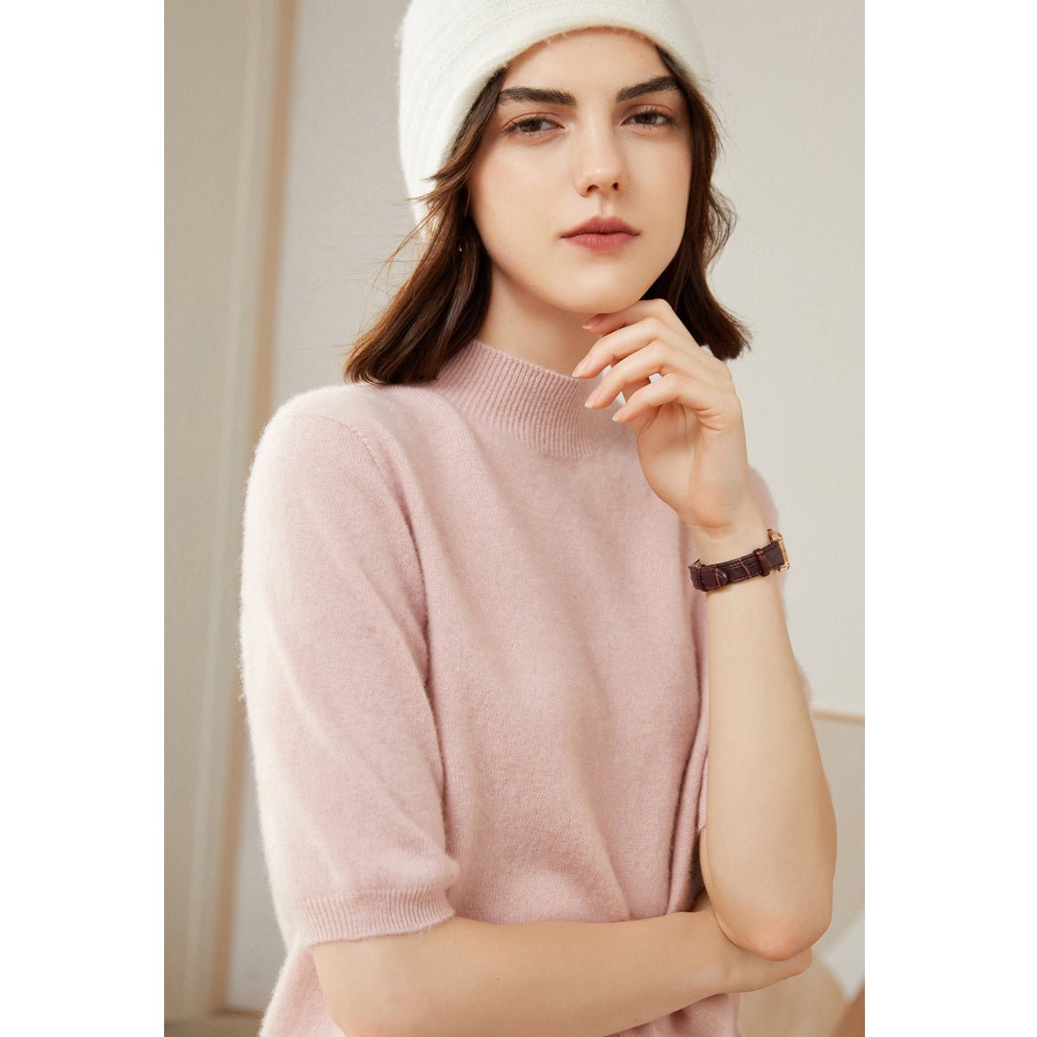 Womens Cashmere Mock Neck Sweater Half - Sleeve Superfine Sweater