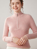 Womens Half-Zip Cashmere Sweater Mock Neck Ribbed Cashmere Pullover Pink XS