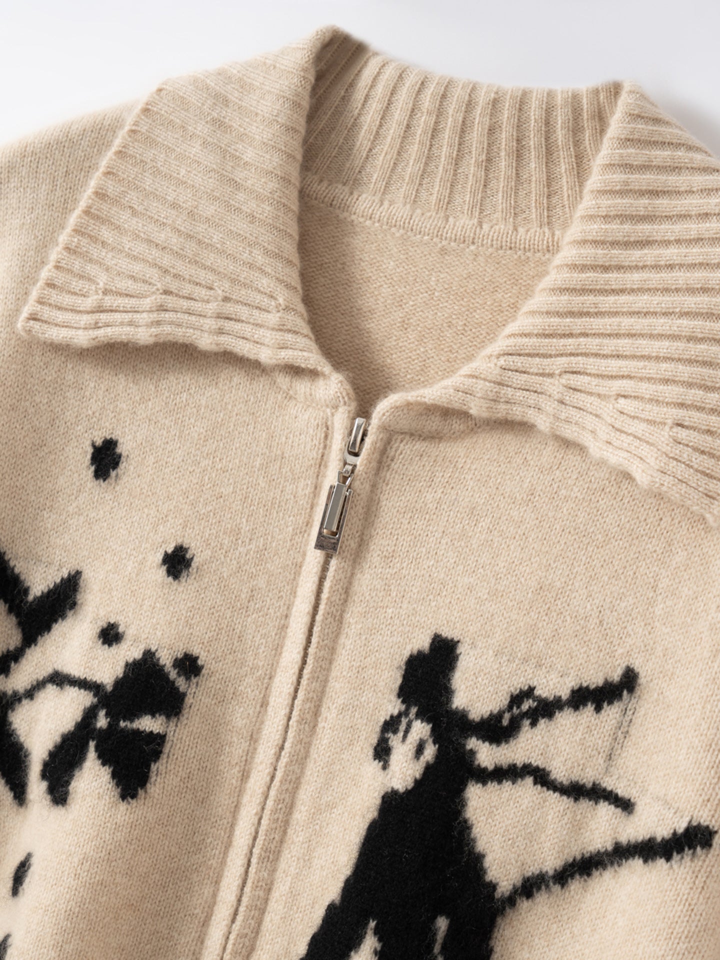 Womens Jacquard Pure Cashmere Cardigan Zip-Up Cardigan Sweater Beige XS