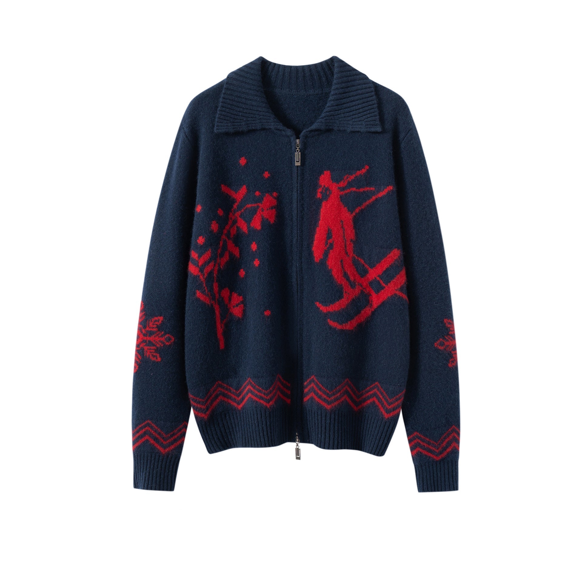 Womens Jacquard Pure Cashmere Cardigan Zip-Up Cardigan Sweater Navy Blue XS