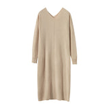 Womens Cashmere Knit Midi Dress Long Sleeve V Neck Straight - cut Dress