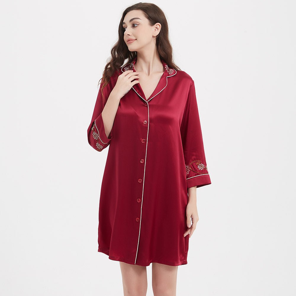 Women's Long Sleeves 100% Silk Nightshirts With Embroidery
