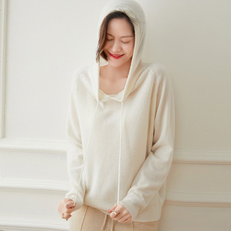 Women Long Sleeve Cashmere Hoodie Knit Cashmere Hoodie With Drawstring