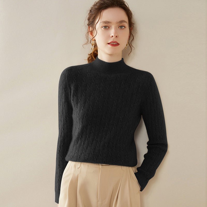 Womens Mock Neck Cashmere Sweater Cable Knit Long Sleeve Cashmere Pullover Black XS