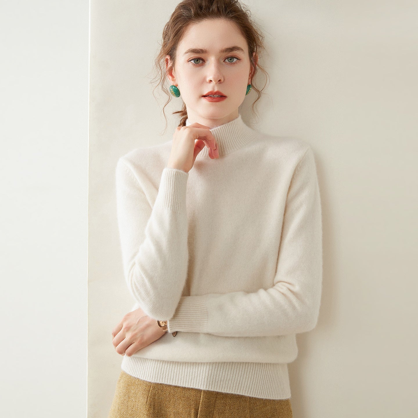 Womens Mock Neck Cashmere Sweater Long Sleeve Cashmere Pullover Multi Colors Ivory XS
