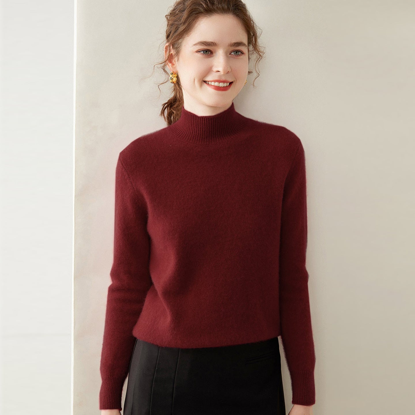 Womens Mock Neck Cashmere Sweater Long Sleeve Cashmere Pullover Multi Colors Angora Red XS