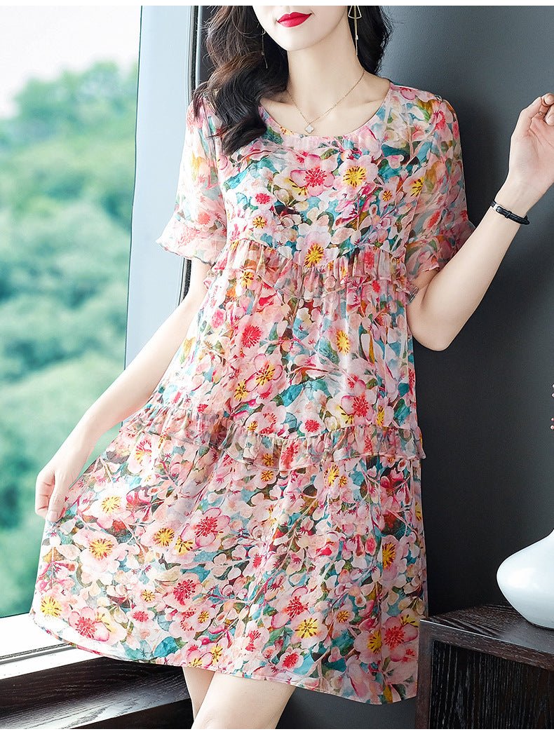 Womens Pink Floral Silk Mini Dress Tiered Ruffle Loose Silk Dress