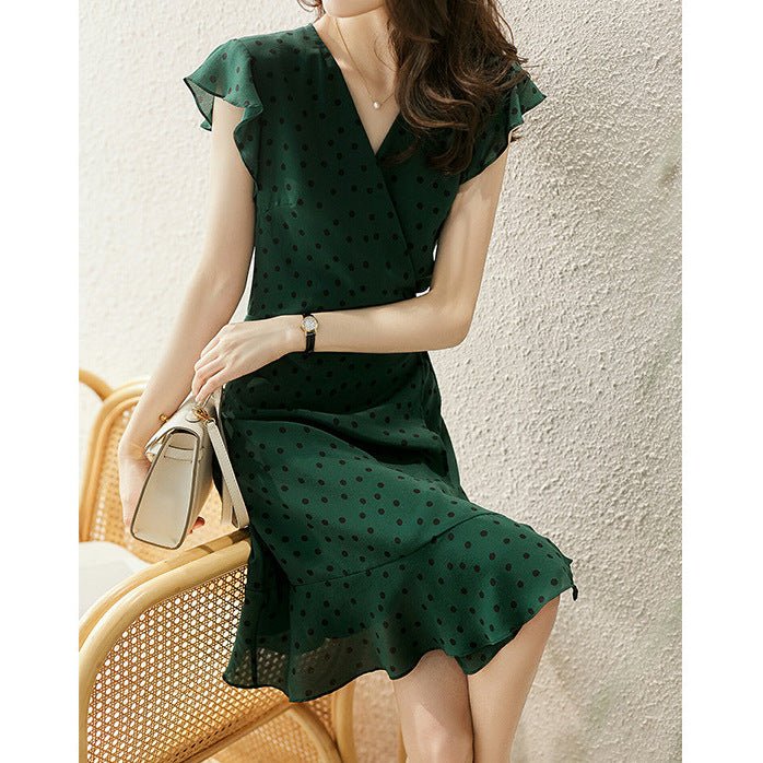 Womens Polka Dot Silk Wrap Dress V Neck Ruffle Sleeve Silk Midi Dress Green XS