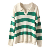 Womens Striped Polo Neck Cashmere Sweater V Neck Pullover Tops