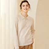 Womens Ribbed Cashmere Polo Sweater Button - Up Long Sleeves Sweater