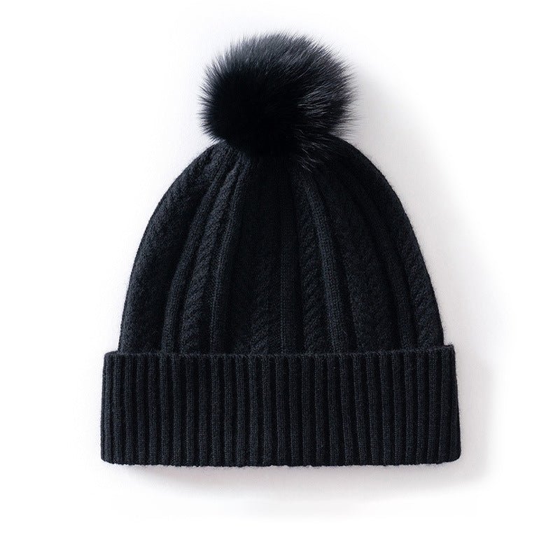 Womens Pom Cashmere Beanie Soft Rib Cashmere Knit Hat Fold Cuff