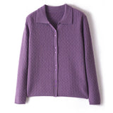 Womens Pure Cashmere Cardigan Cable Knit Button Front Polo Neck Cashmere Sweater Purple XS