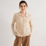 Womens Pure Cashmere Cardigan Cable Knit Button Front Polo Neck Cashmere Sweater Beige XS