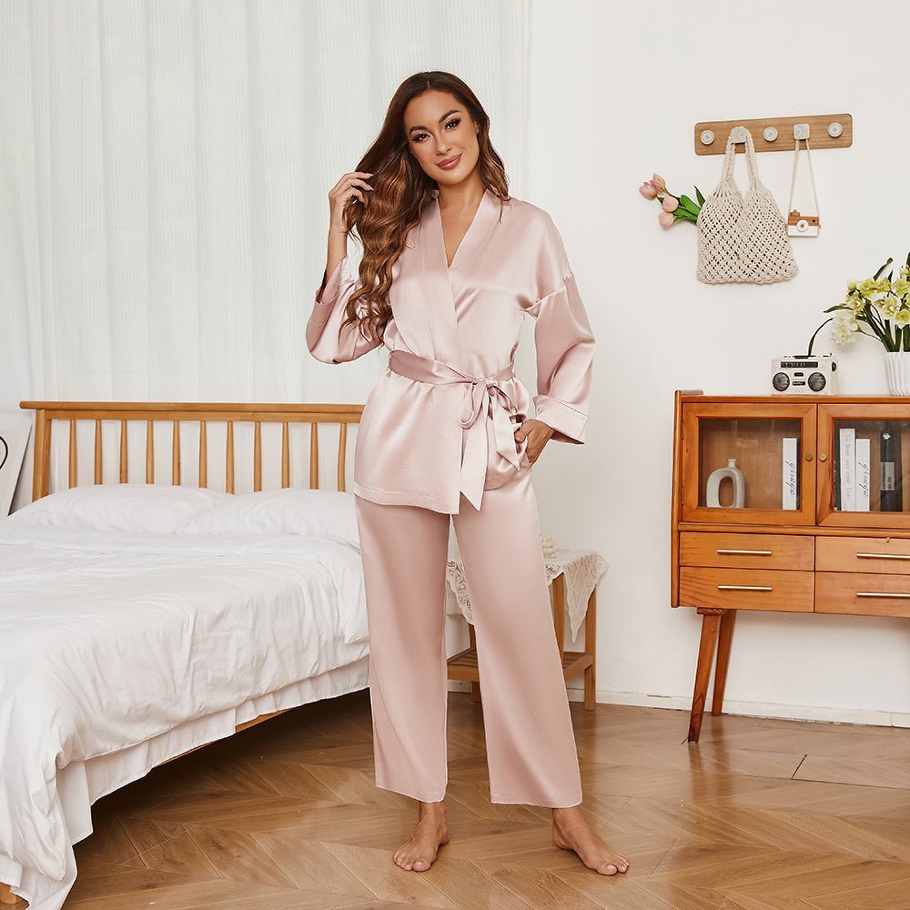 Women's Pure Silk Robe And Pajama Set With Pockets