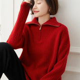 Womens Ribbed Half - Zip Collar Long Sleeve Cashmere Sweater