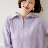 Womens Ribbed Half - Zip Collar Long Sleeve Cashmere Sweater