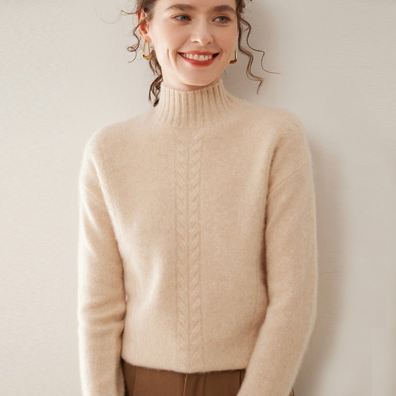 Womens Ribbed Mock Neck Cashmere Sweater Cable Knit Cashmere Pullover Beige XS
